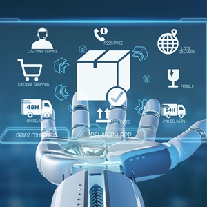 View of a Cyborg hand holding a  Logistic delivery application screen 3d rendering