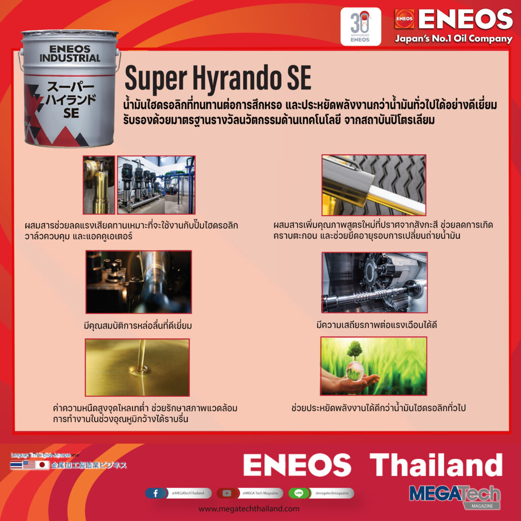 ENEOS Super Hyrando SE น้ำมันหล่อลื่นอุตสาหกรรมไฮดรอลิกที่ทนทานต่อการสึกหรอ และประหยัดพลังงานกว่าน้ำมันทั่วไปได้อย่างดีเยี่ยม รับรองด้วยมาตรฐานรางวัลนวัตกรรมด้านเทคโนโลยีจากสถาบันปิโตรเลียม